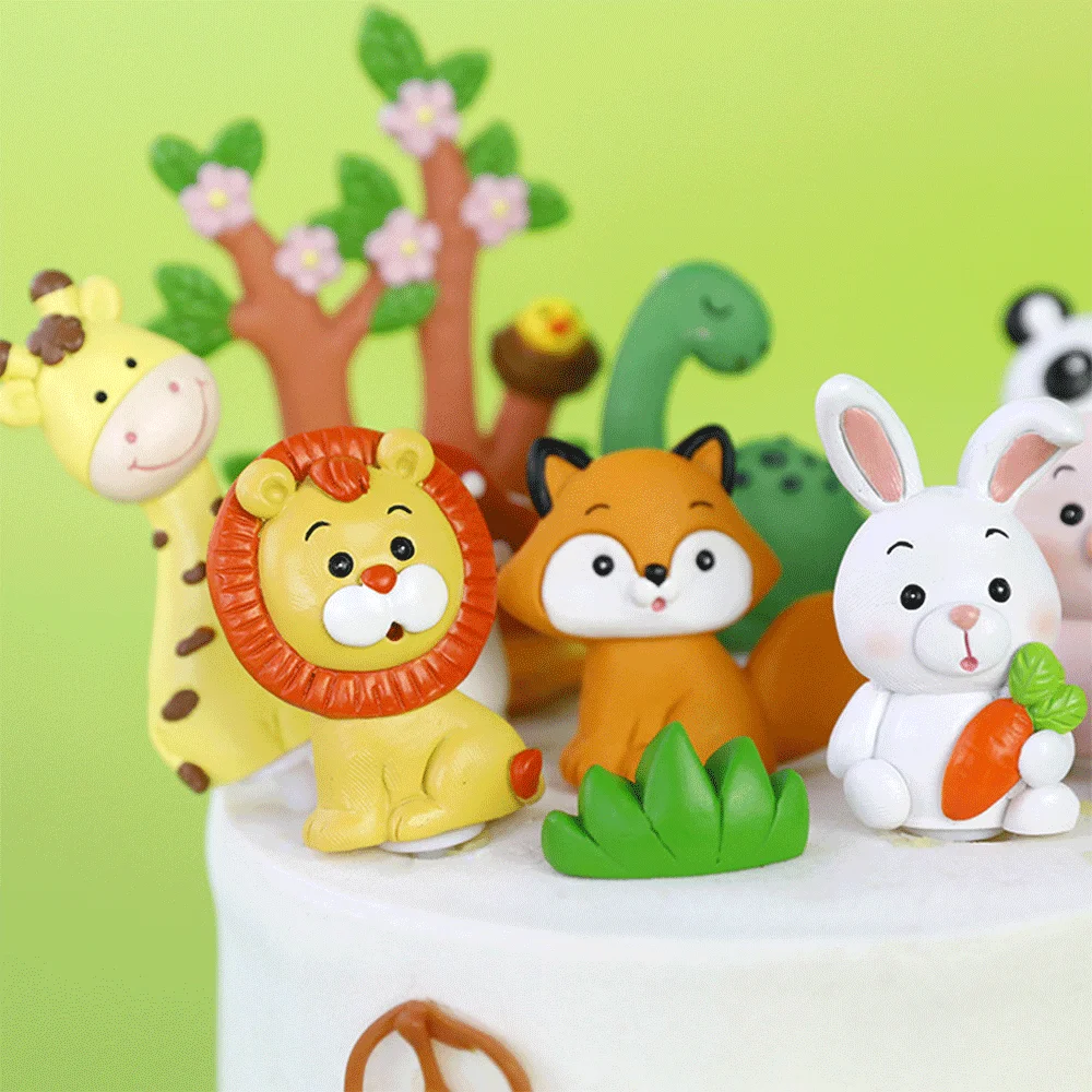 Jungle Safari Birthday Party Cake Toppers Resin Woodland Animals Figurines Forest Small Trees Coconut Tree Cake Decor Kids Gifts