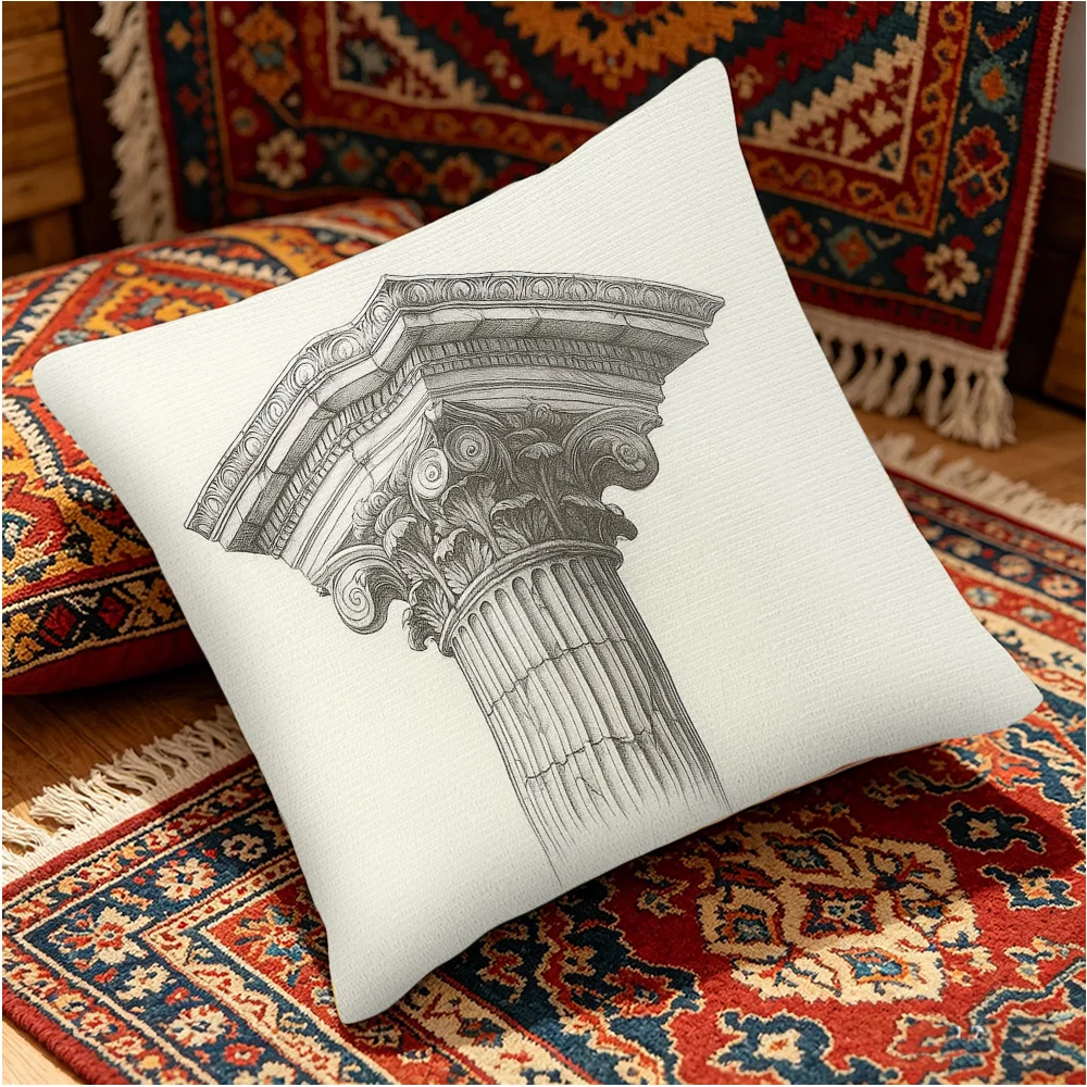 Vintage Roman Column Pillowcase, Classical Architecture Sketch Cushion Cover, Greek Pillar Art, Neutral Home Decor, Study Gift
