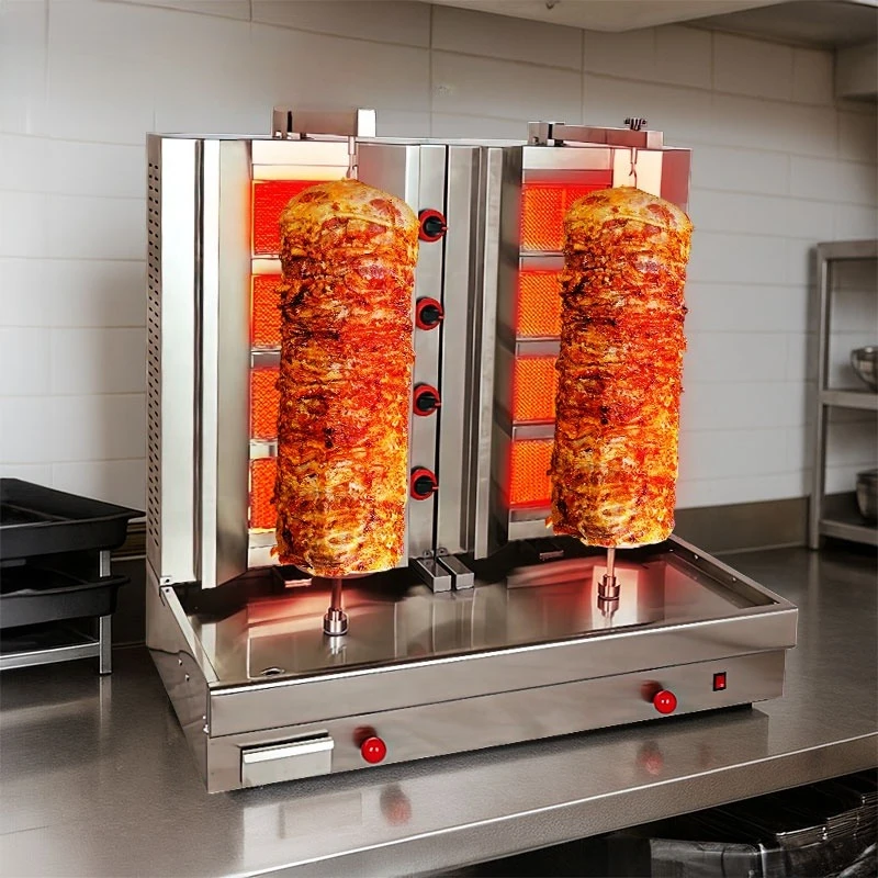 

Commercial gas double shawarmer 8 burner stainless steel professional kebab restaurant automatic grill