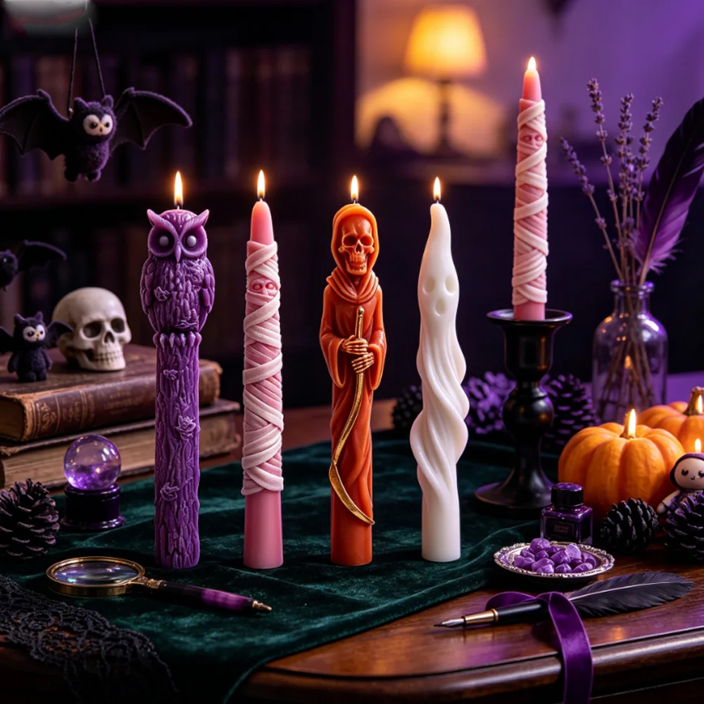 

3DHalloween Skull Ghost Owl Mummy Long Rod Candle Silicone Mold DIY Aromatherapy Plaster Candle Making Mould Party Decor