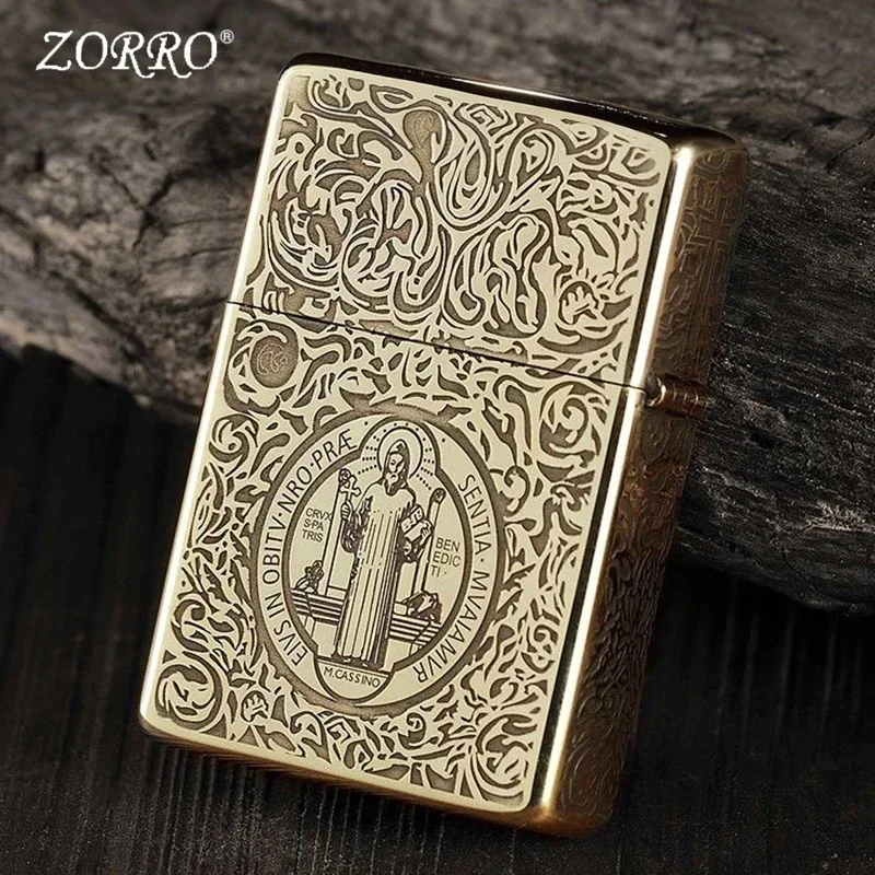 2026 Zorro Retro High-End Brass Windproof Kerosiene Lighter Laser Engraved Men's Gift Ignition Tool Cigarette Accessories