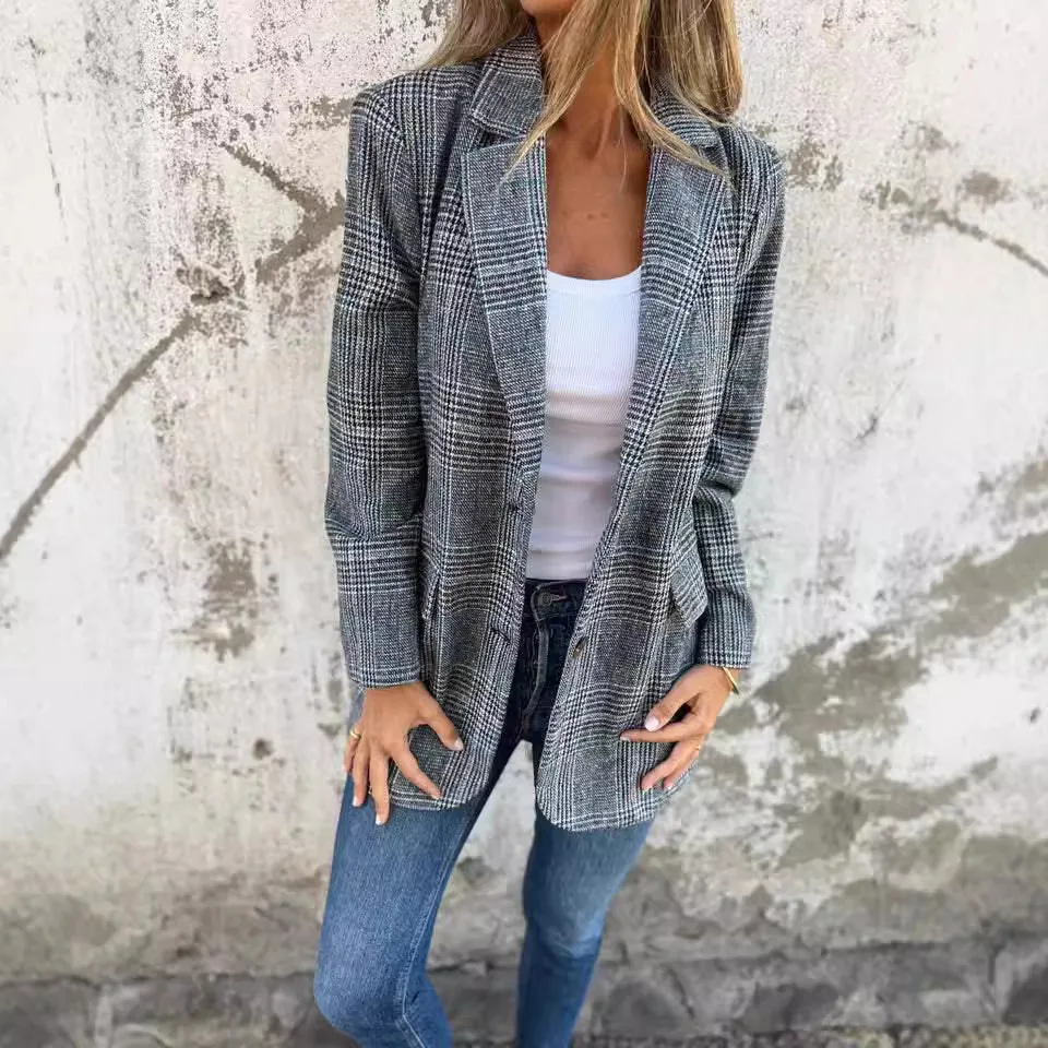 

2025 European and American Autumn and Winter Cardigan Jacket Women's Casual Fashion Retro Grid Lapel Suit