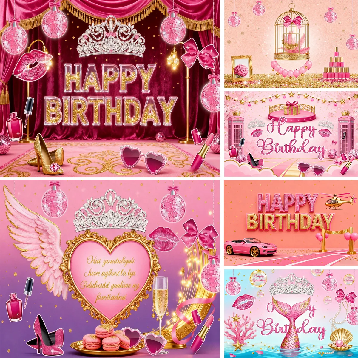 Happy Birthday Crown Pink Disco Ball Vinyl Backdrop Background with Red Lips Decor Gold Heels Heart Sunglasses Polish Lipstick