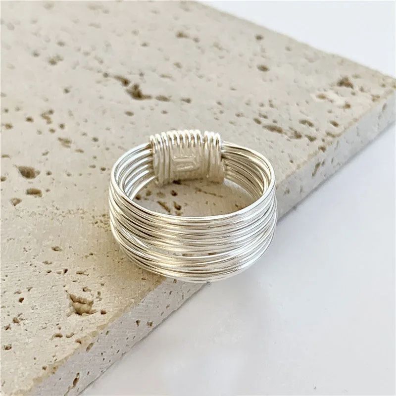 

S925 Sterling Silver Plain Ring Multi-layer Line Ring Twining Index Finger Ring Ins Luxury Simple High-end Fashion Jewelry