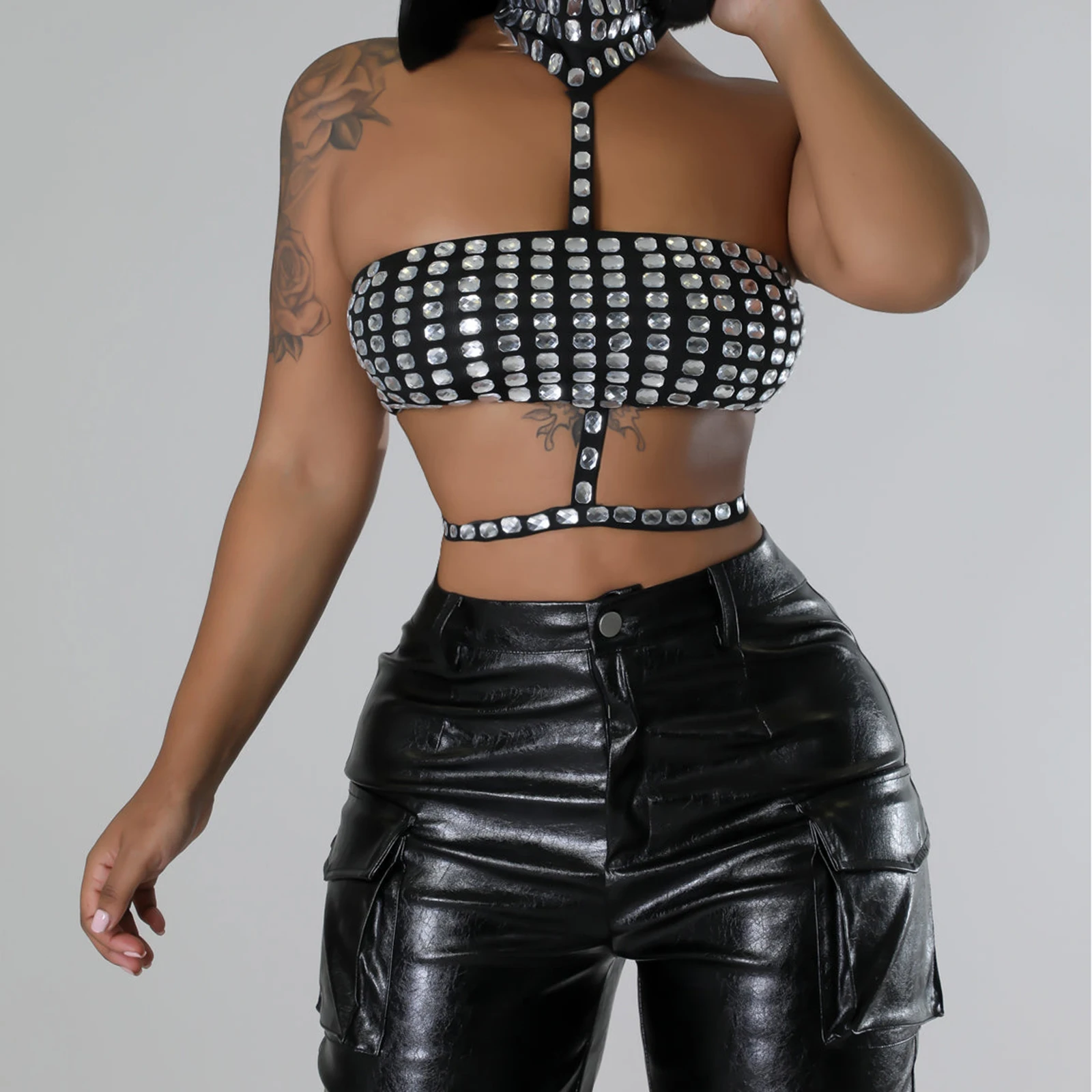 여성용 Y2K 빈티지 홀터넥 크롭 탱크탑 반짝이는 라인스톤 민소매 백리스 타이업 슬림 베스트 스트리트웨어 섹시 탑