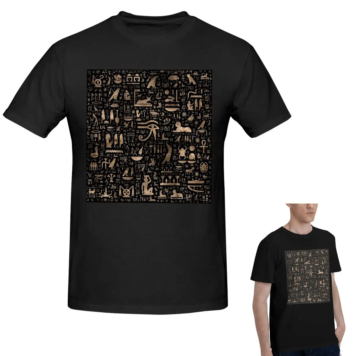 

100% Cotton Ancient Egyptian Hieroglyphs - Black And Gold T-Shirt Men's Classic Oversized T Shirt Men O-Neck Summer Shirts Tops