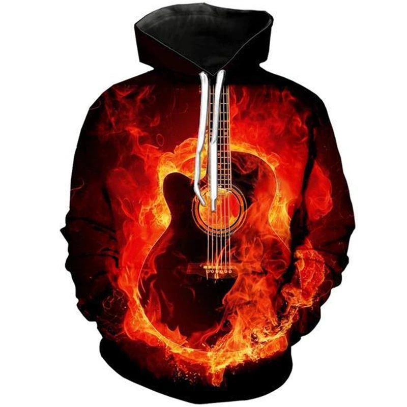 Guitar Printed Hoodie Men 3D Print Flame Guitar Graphic Hoodies Y2k Instrument Harajuku Hip Hop Hoodies Men Women Sweatshirt Top