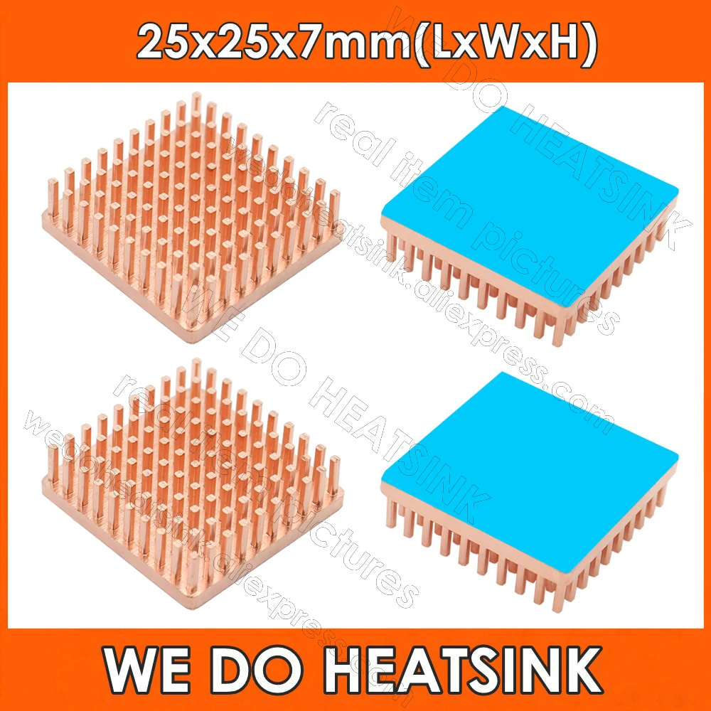 

Free Ship 25*25*7mm Square Pure Copper Pin Fins Heatsink Radiator Cooler With Thermal Conductive Adhesive Pad For Electronics IC