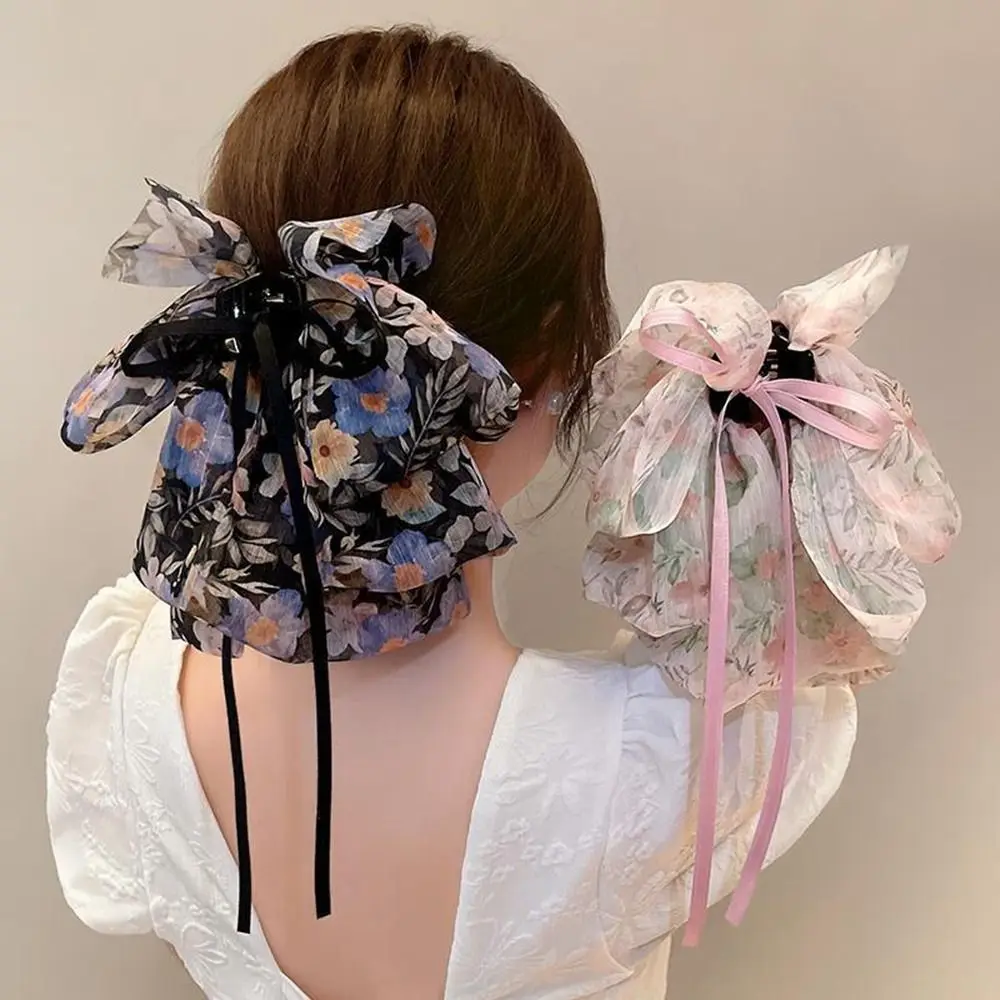 

Print Flowers Big Bow Hair Clips Hair Accessories Bow Knotted Long Ribbon Chiffon Hairpin For Women Girls Small Barrettes