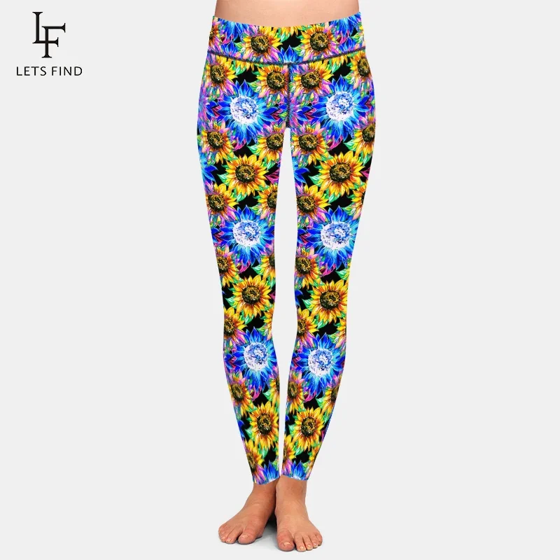 LETSFIND Mode Hohe Taille Frauen Hosen Hohe Quaility 3D Sonnenblumen und Daisy Digital Print Fitness Weiche Stretch Volle Leggings