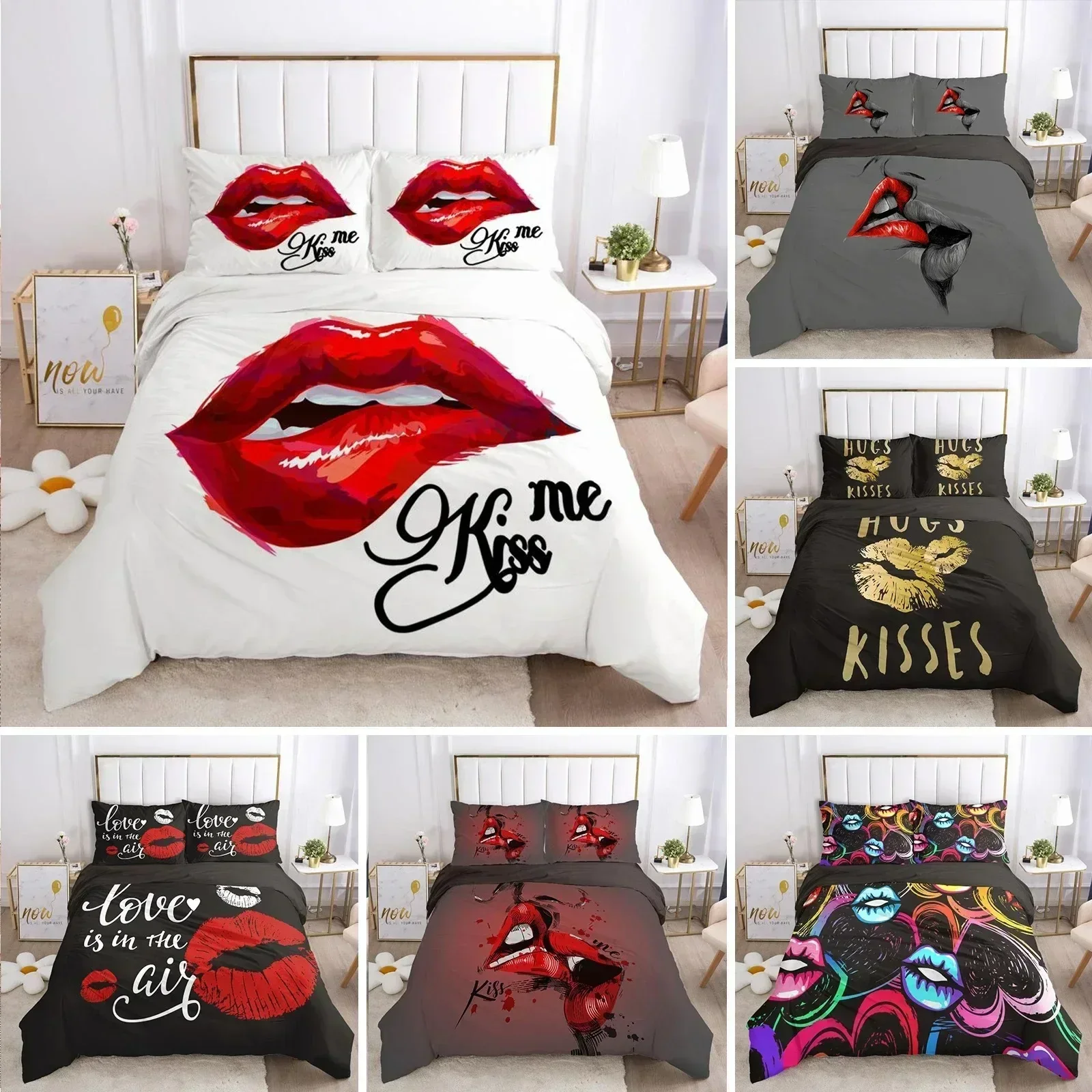 Red Lips Duvet Cover Sets Queen Polyester Love Twin Bedding Sets Sexy Theme Adult Couple Comforter Cover Kiss Marks Quilt Cover