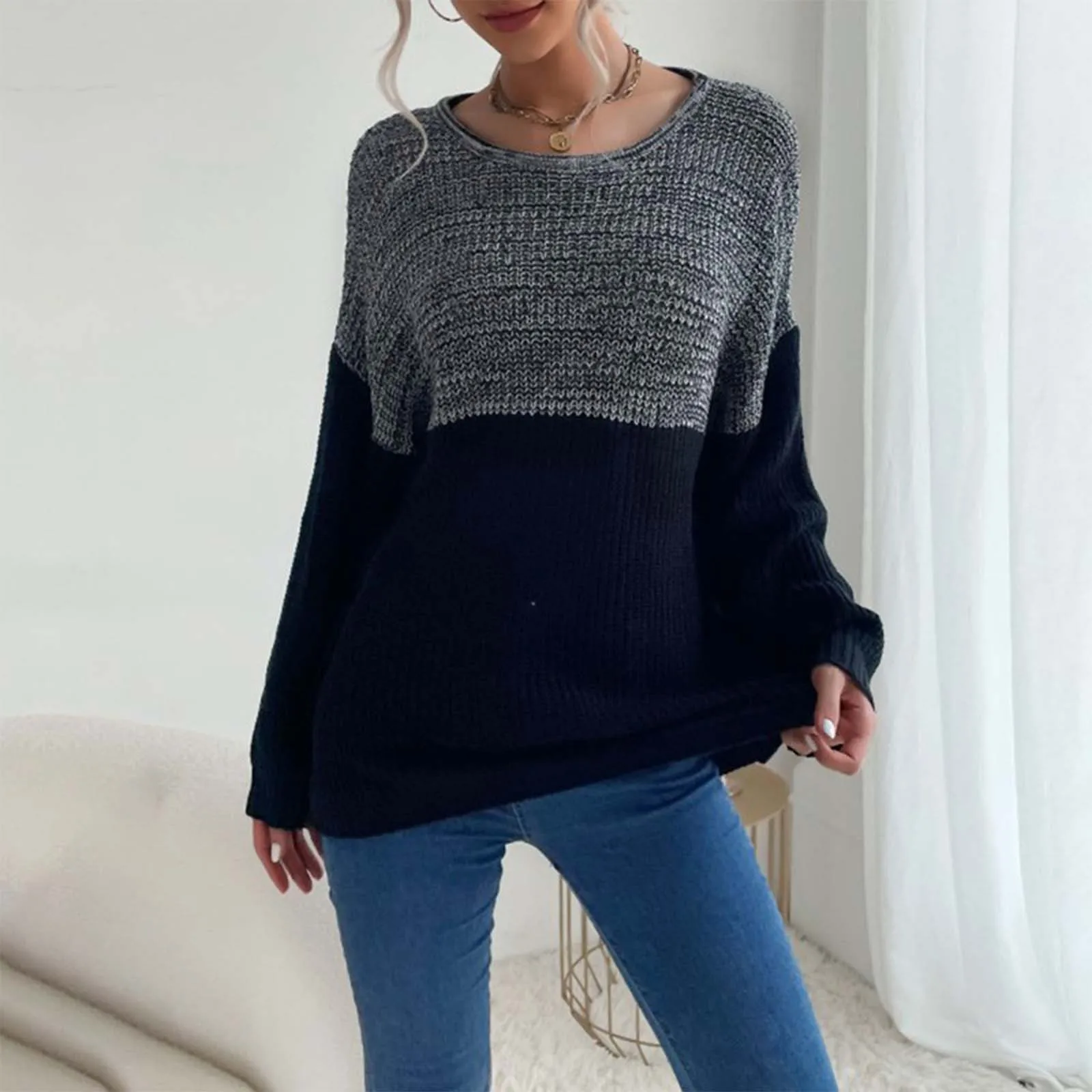 

2024 New Women's Loose Versatile Sweater Women's Autumn And Winter Casual Round Neck Colour Blocking Loose Lazy Knit Sweater