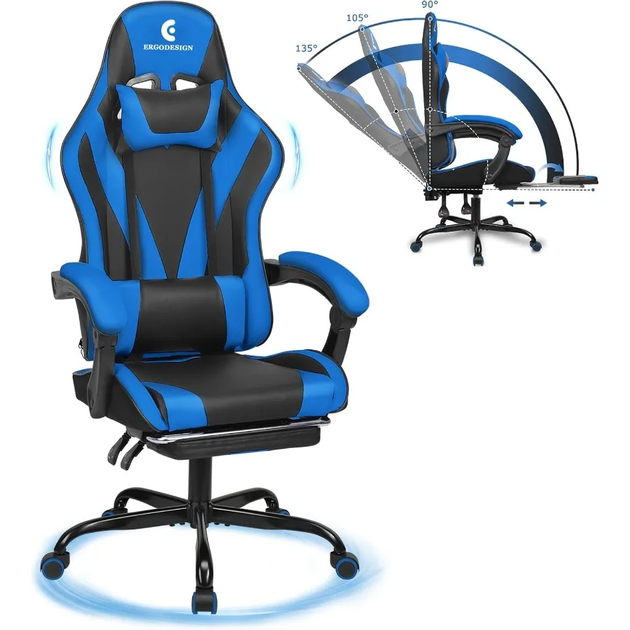 Gaming Chair with Linkage Armrest Footrest High Back Video Gaming Chair Black Blue
