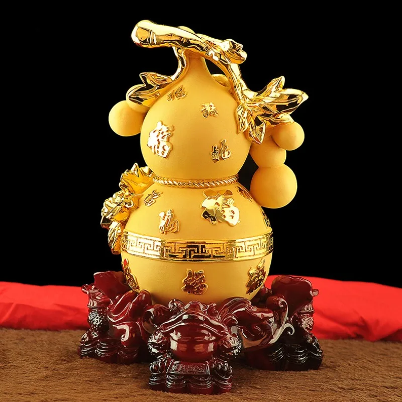 Golden Feng Shui Gourd Figurine Wealth Protection Calabash Statue Home Office Desktop Decor Housewarming Gift for Living Room