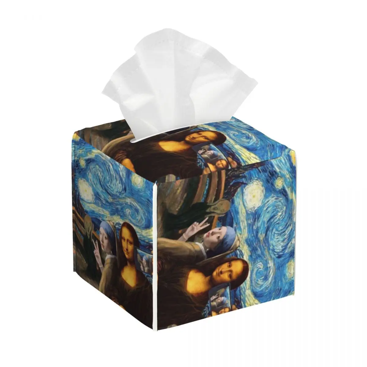 Custom Starry Night By Mona Lisa And Vincent Van Gogh Tissue Box Cover PU Leather Square Art Painting Facial Tissues Holder for