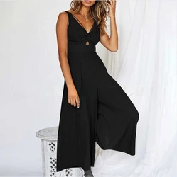 One Piece Women Solid Jumpsuits Sleeveless V Neck Hollow Out Rompers Wide Leg Long Pants Overalls Loose Casual Regular 2024