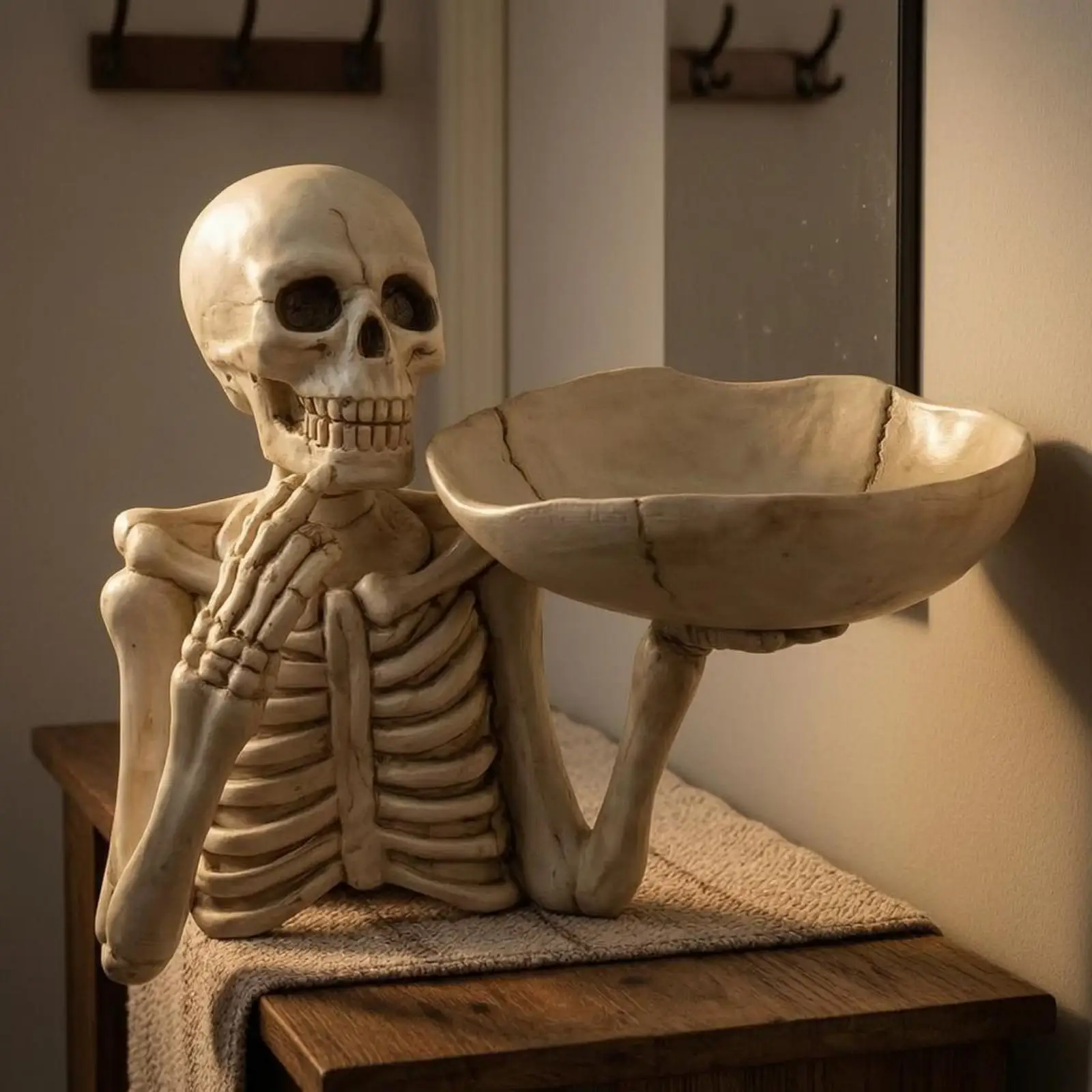 Skeleton Tray Aged Finish Structural Storage Tray Bone Colored Cranium Catchall for Entryway, Hallway