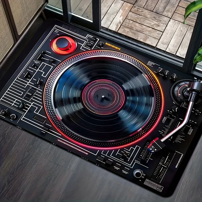 VIKAMA Retro DJ Vinyl Record Player Printed Large Carpet, Anti-Slip Floor Mat for Music Room and Living Room Decor