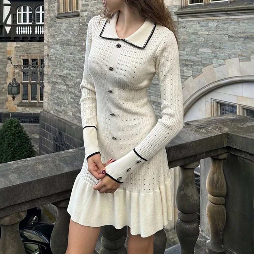 UNIKTEE Women's Plain Long Sleeve Shirt Collar A-Line Mini Dress Autumn Winter French Fashion Daily Wear