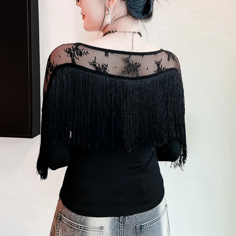 Fashion Tassel Splicing Round Neck Streetwear T-shirt For Women Spring Autumn New Sexy Sheer Long Sleeve Slim Fit Tops