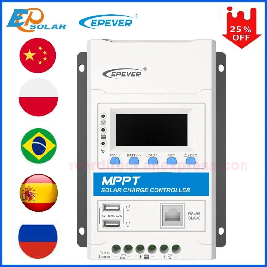 

EPEVER MPPT 40/30/20/10A Solar Charge Controller 12V 24V Auto Black-light LCD Modular Solar Regulator Lead Acid Lithium Battery