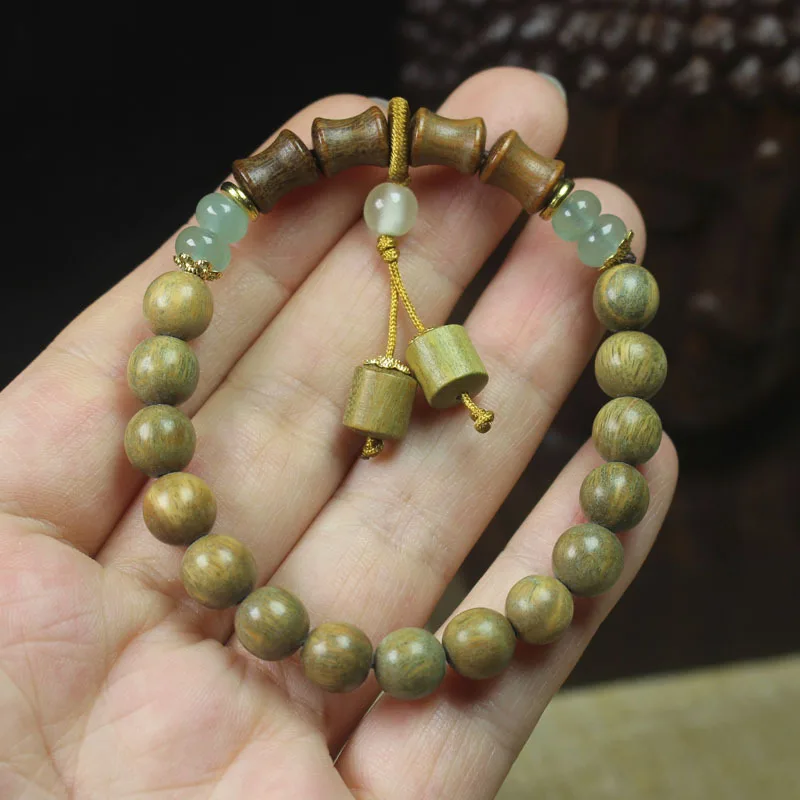 Green Sandalwood 8mm Jade Bracelet Bracelet with Fragrance Men's and Women's Single Ring Bracelet Wooden Cultural Artifact