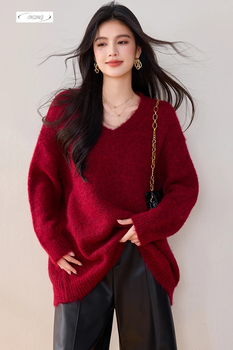 

Vintage Red V-neck Long Sleeve Loose Red Knittd Pullover Sweater for Women Casual Thick Warm Knitwear Tops Winter Clothes 3605