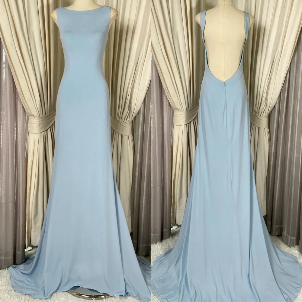 

Customized Exquisite Light Blue Jersey Evening Dress Classic Scoop Cap Sleeve Sleeveless Open Back Special Occasion Gowns