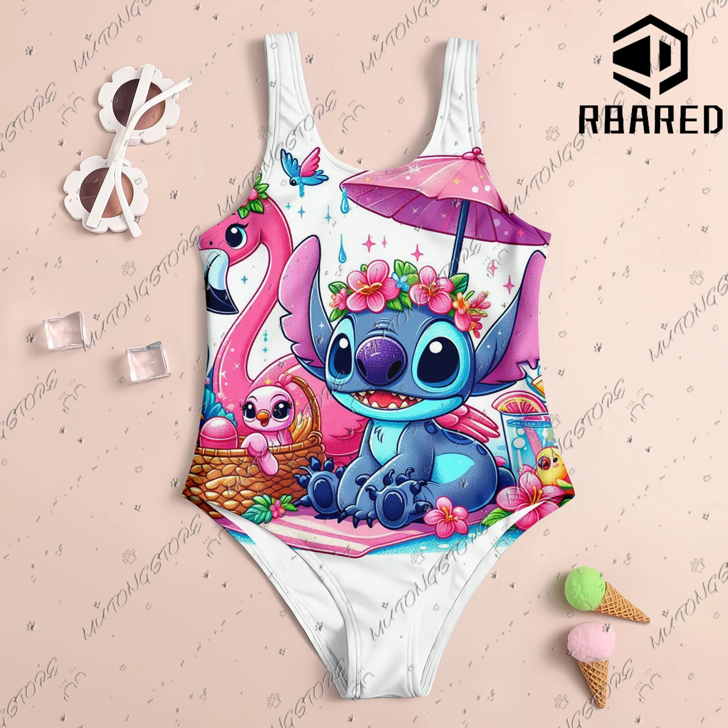 MINISO New Girl Summer One-Piece Swimsuit Fashion Cartoon Cute Stitch Cinnamoroll Print Women Swimwear Sleeveless Swim Clothing