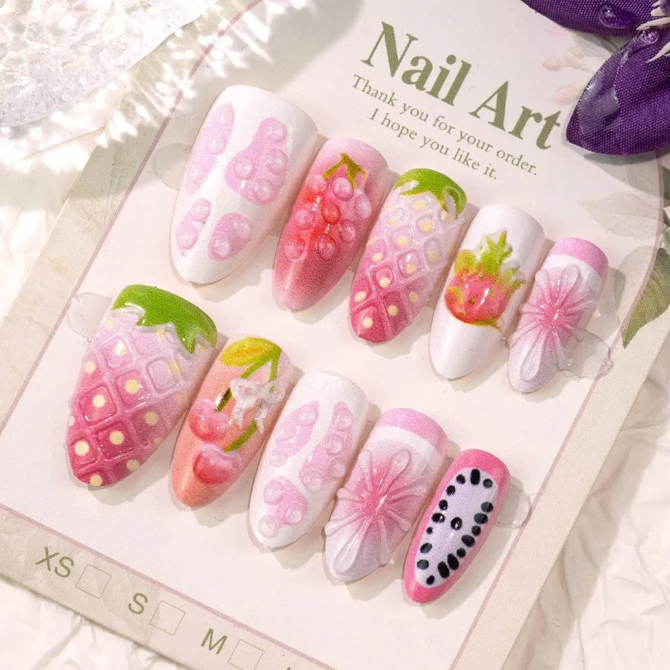 Pink 3D Fruit Strawberry Cherry Grape Watermelon Floral Handmade Press On Nails Cute Reusable False Nail Art For Party Wear JT39