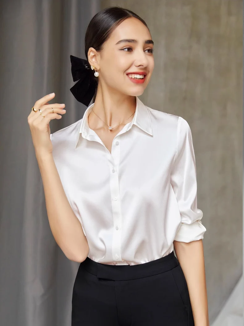 SuyaDream,Woman Solid Shirts, 93%Real Silk 7%Spandex, Turn Down Collar, White Blouses, 2024 Spring Summer Office Lady Top