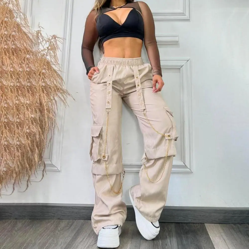 

Women Baggy PantsElastic High Waist Chain Straps Multi Pockets Cargo Pants Wide-leg Overalls Solid Straight Wide Leg Trousers