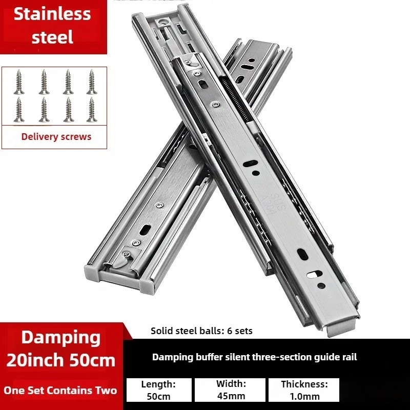 10-22 Inch 45mm Wide Stainless Steel Soft Close Drawer Rails, Three-Section Damping Sliding Tracks for Cabinet Furniture Hardwar