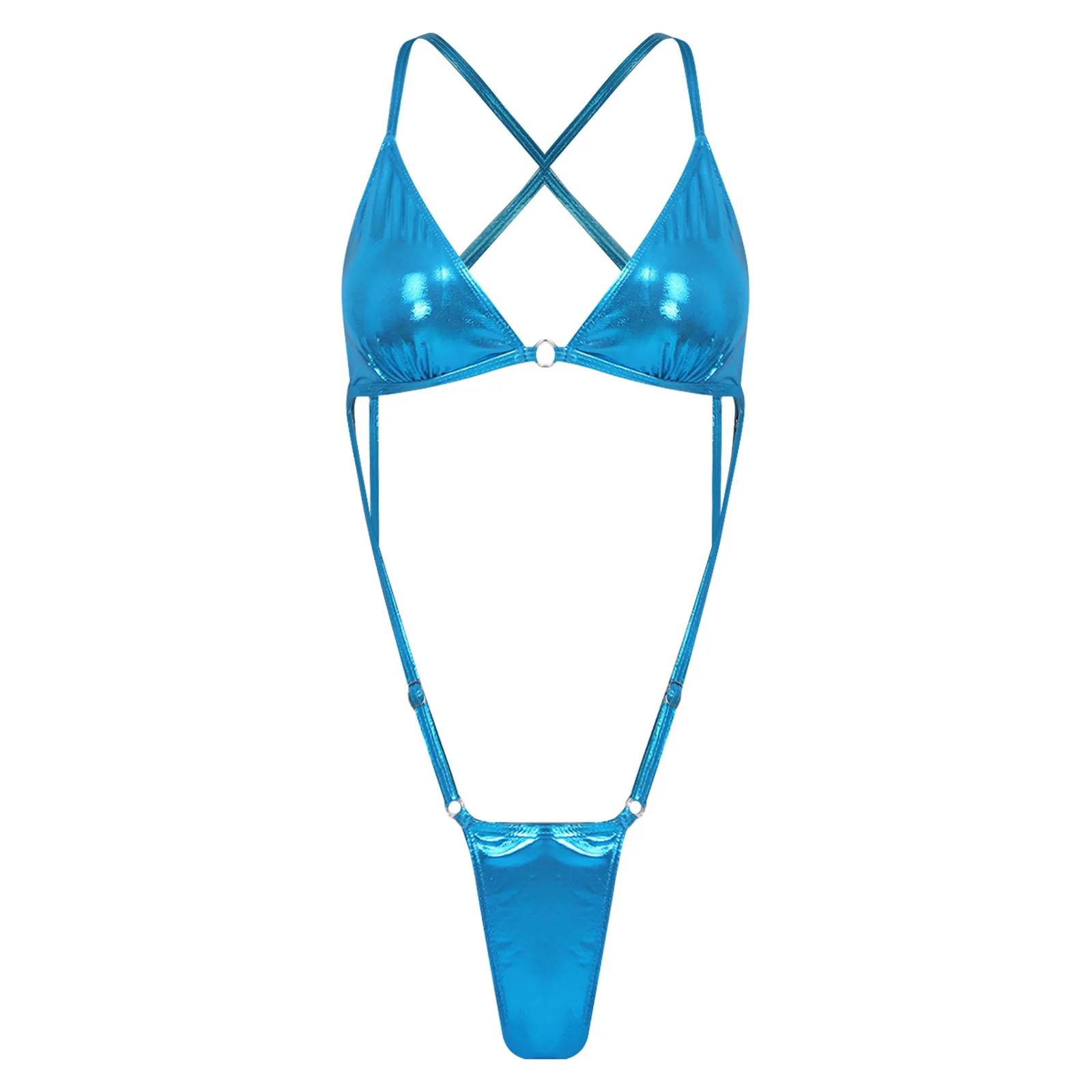 Womens Monokini Swimsuit Metallic Shiny One-piece Swimwear No-wire Bra with Pad Backless High Cut Mini Briefs Thong Bodysuit