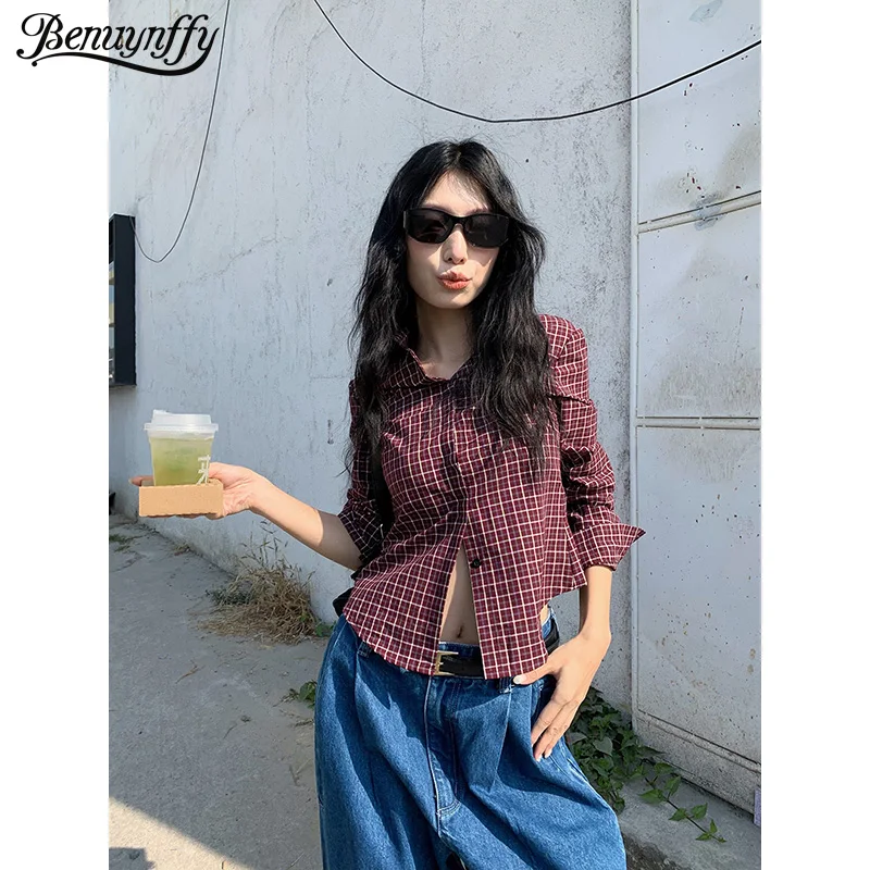 

Рубашки Benuynffy в стиле ретро, короткие, в клетку, женские, весна 2026, новая корейская мода Y2K, с длинным рукавом, на пуговицах, женские блузки-топы