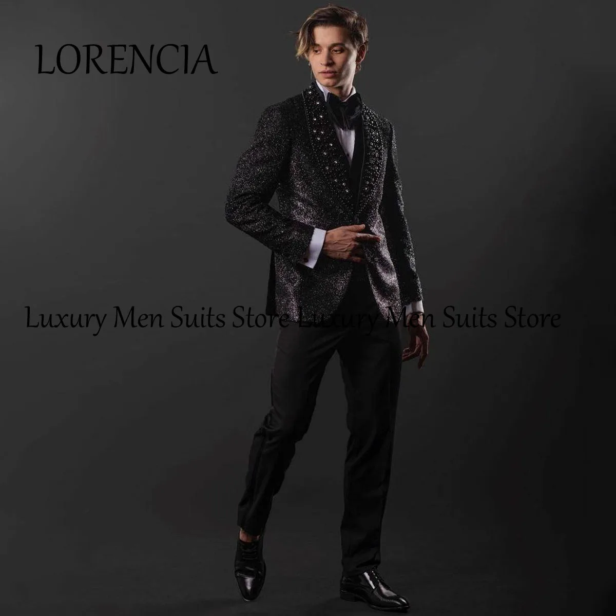 

Sparkly Formal 2 Pieces Sets Tuxedo Luxury Beaded Luxury Men Suits Male Dinner Party Blazers Slim Fit Groom Prom Costume Homme