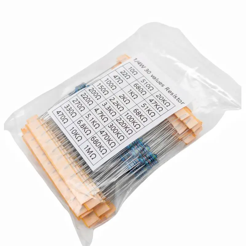 600pcs/set 30 Kinds 1/4W Resistance 1% Metal Film Resistor Pack Assorted Kit 1K 10K 100K 220ohm 1M Resistors 300pcs/set