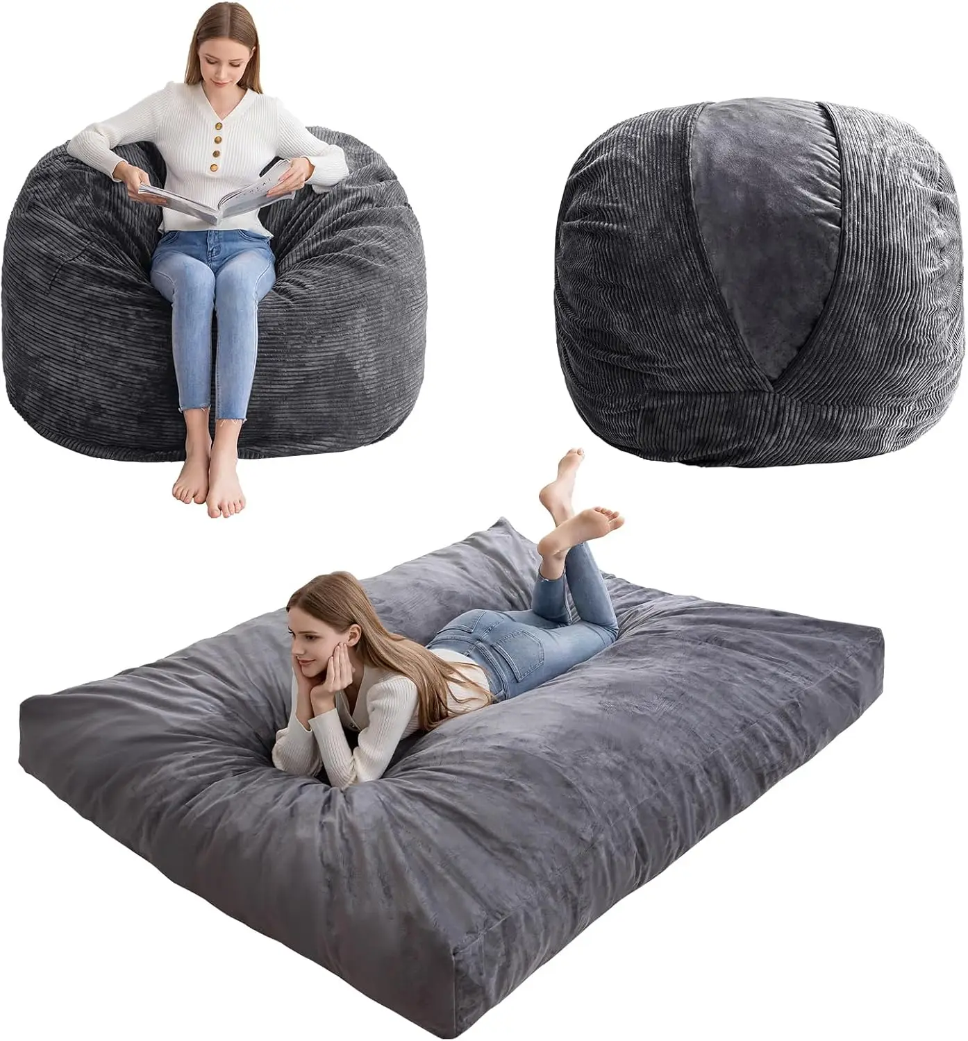 Higogogo Giant Bean Bag Chair Bed For Adults,Convertible Beanbag Folds From Lazy Chair To Floor Mattress Bed,Large Floor Sofa