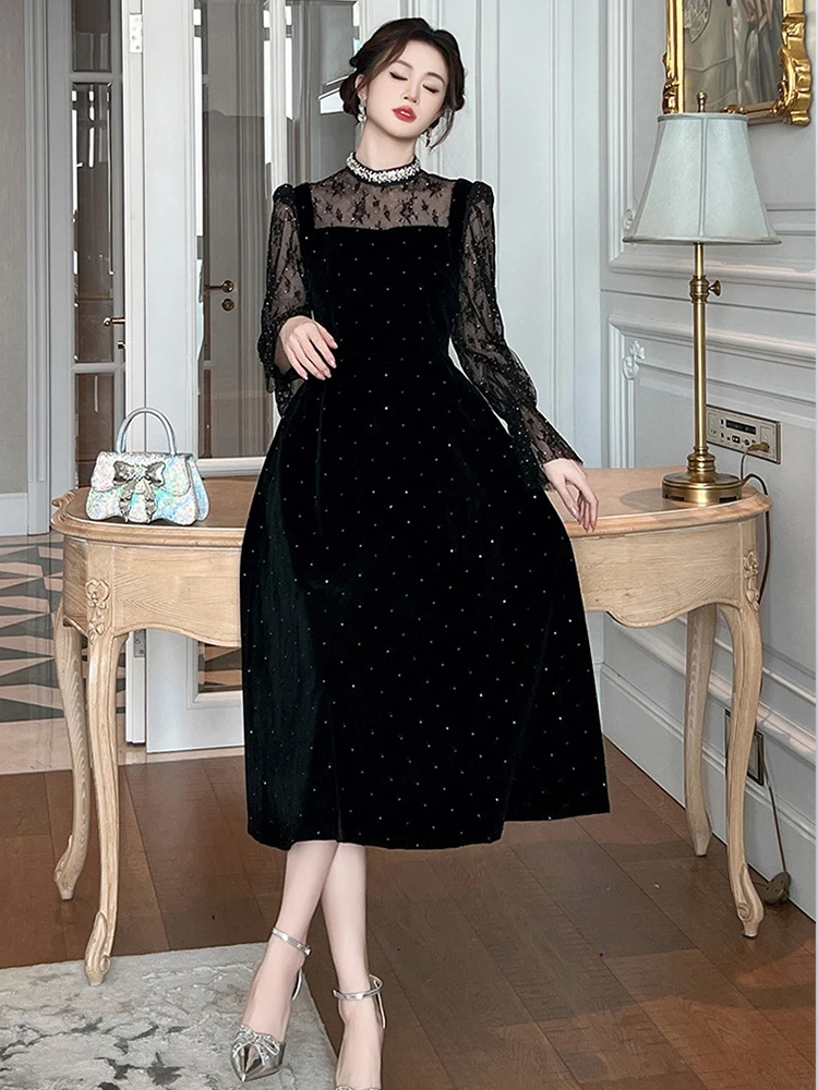 여성 의류 페이크 투피스 블랙 샤이니 레이스 퍼프 슬리브 슬림 이브닝 드레스 우아한 럭셔리 여성 패션 파티 프롬 드레스