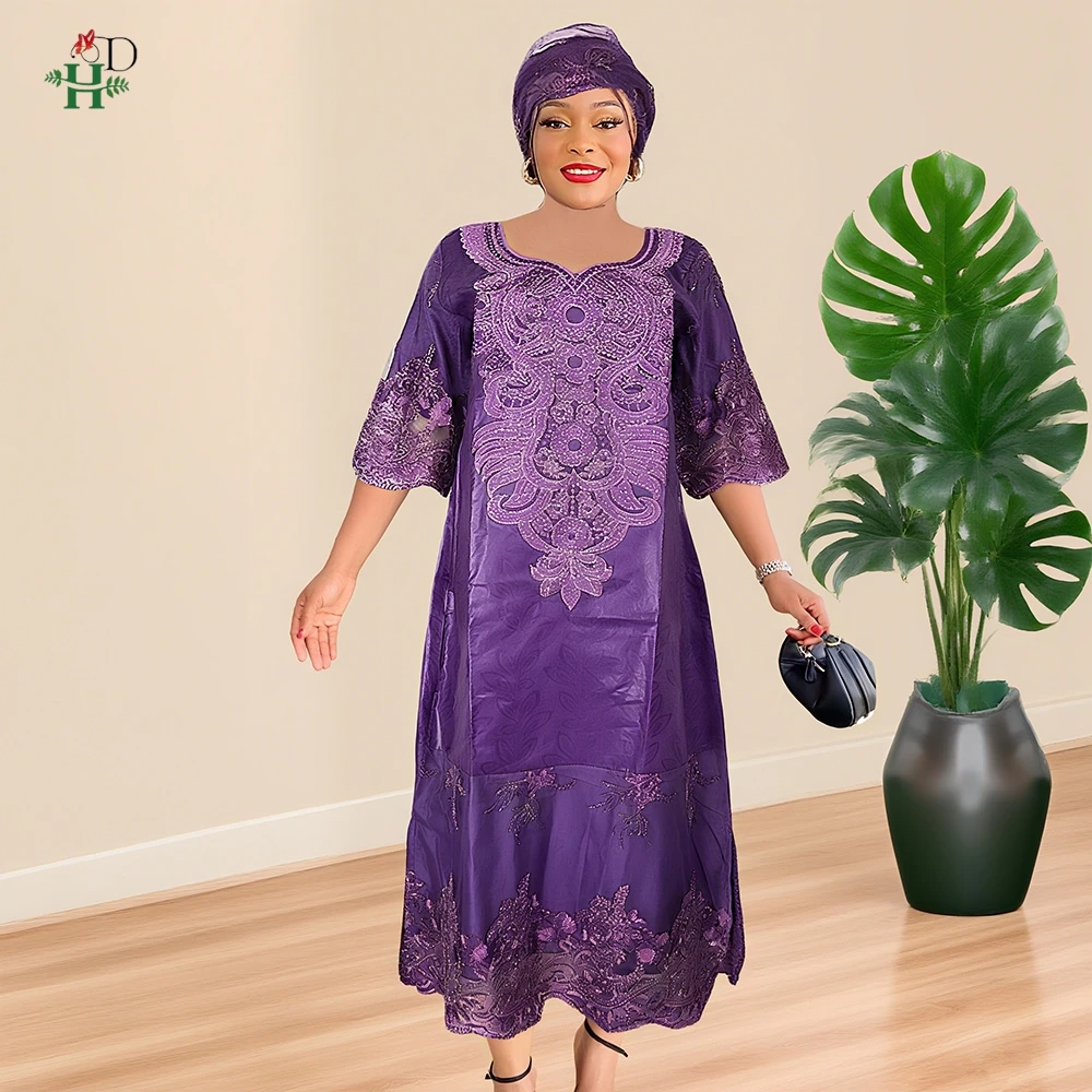 

H&D African Dresses For Women Traditional Clothing Embroidery Bazin Riche Outfits Gown Abayas Robe Muslim Maxi Long Dress 2025