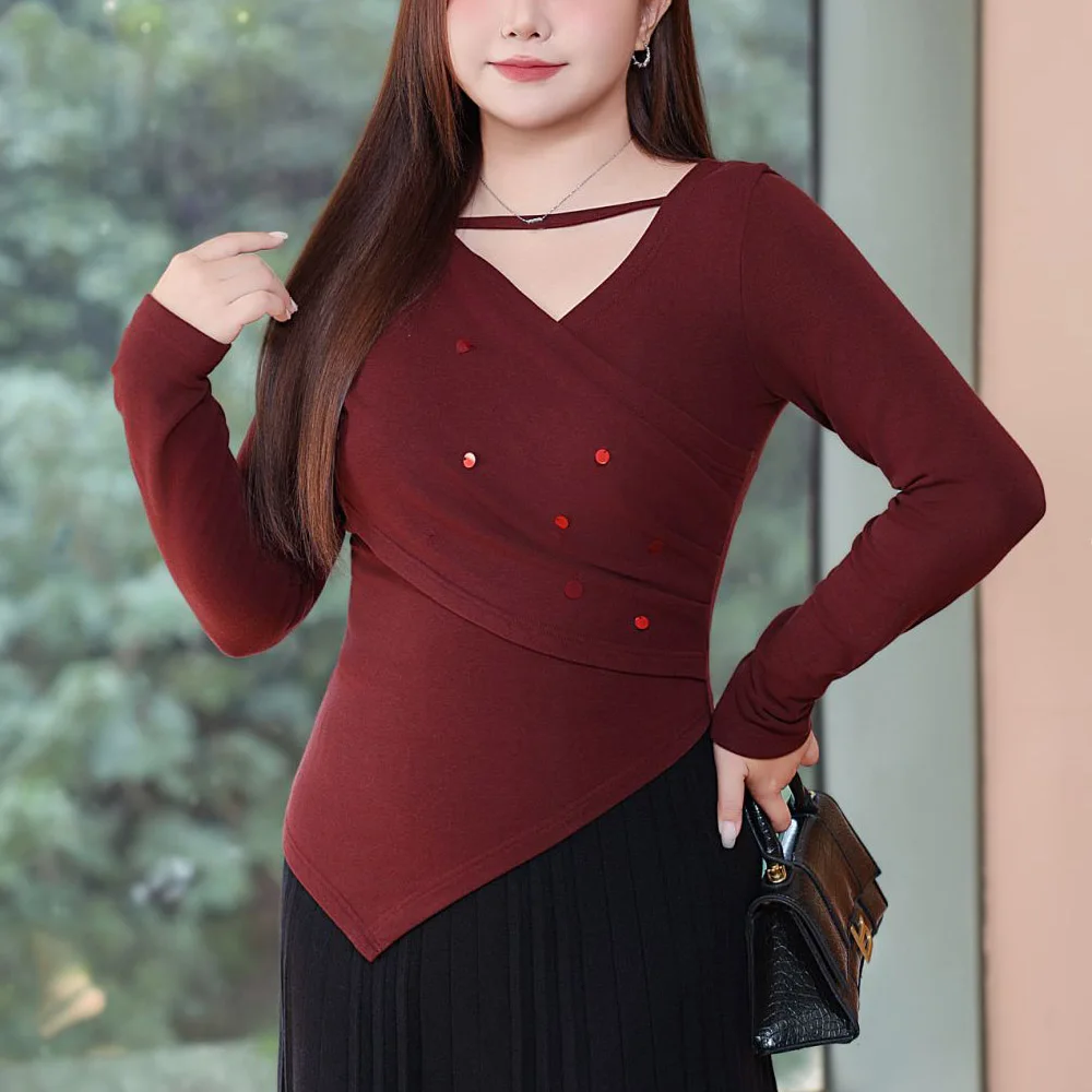 Sequined cross V-Neck T-Shirt women XL XXL autumn winter good quality Vintage red French slim knitting long sleeve top N9070