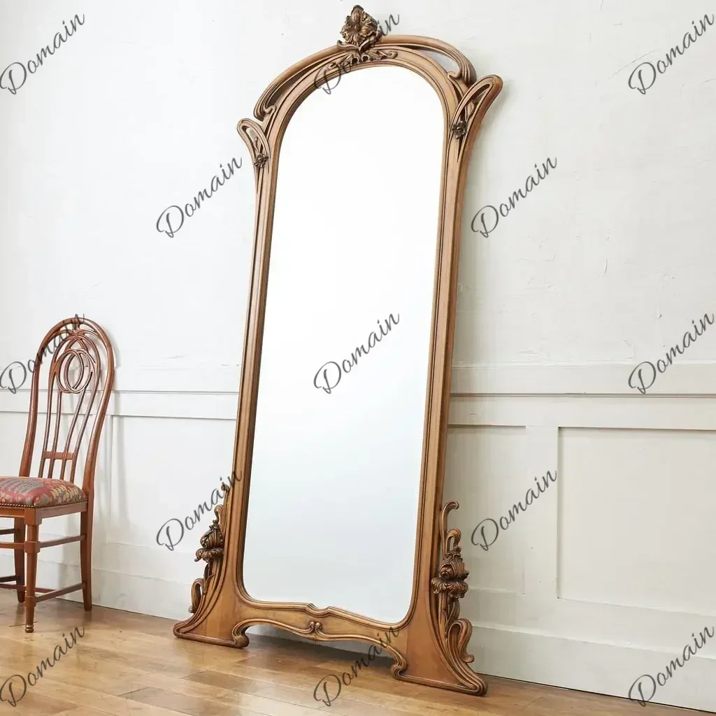 BBv Best Seller European Retro Solid Wood Carving Flower Full Body Mirror Arched Floor Mirror Living Room Bedroom Decoration Ent
