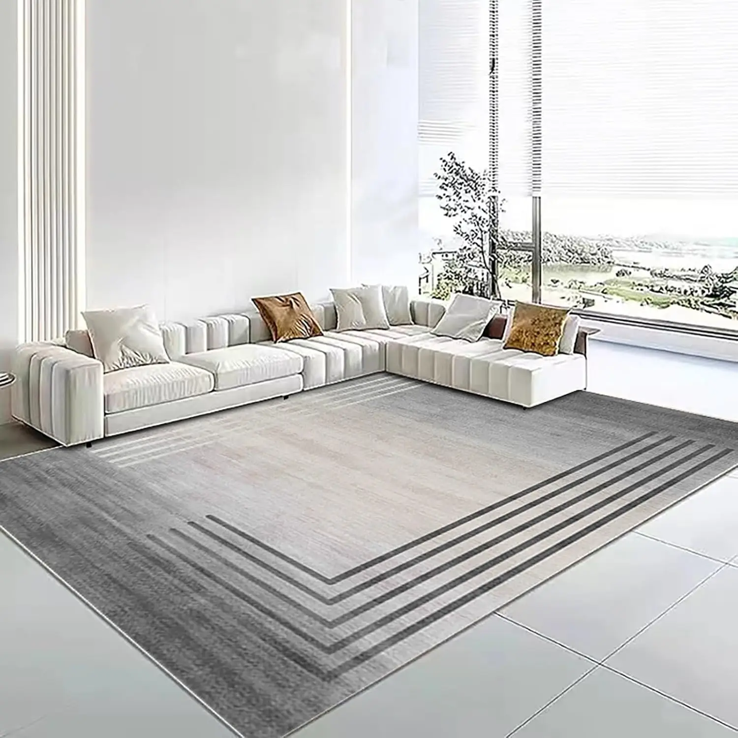 

VIKAMA Nordic-Style Geometric Line Carpet With a Light Gray Base And Dark Gray Edges, Featuring Anti-Slip Design And Decoration.