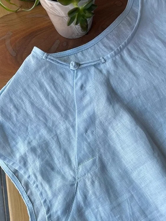 

Blue Linen ort Sve irt Women's Summer New Chinese Sle round Ne Button Ele Unique Beautiful Small Top