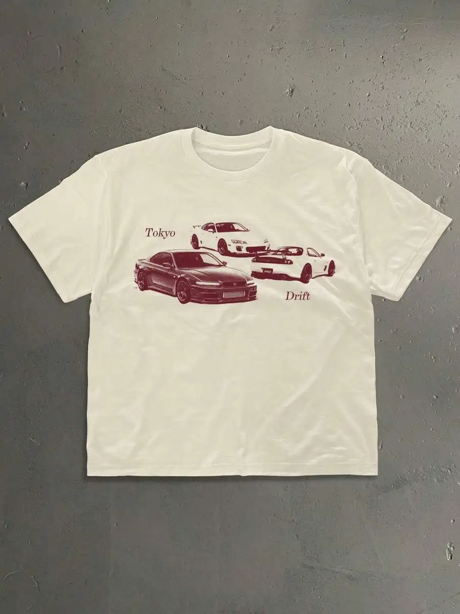 Men Drop Shoulder Short Sleeve T‑Shirt Vintage Sports Car Silhouette Print Standard Size Casual Daily Tops