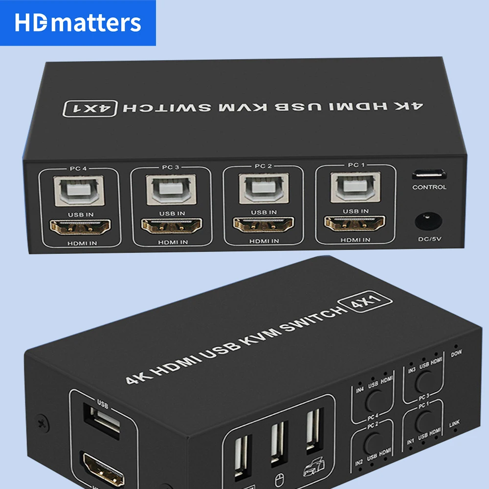 Przełącznik HDMI KVM 4K 60 Hz 4-portowy przełącznik USB KVM HDMI Przełącznik USB 2.0 i HDMI 2.0 KVM HDR do myszy, klawiatury, monitora