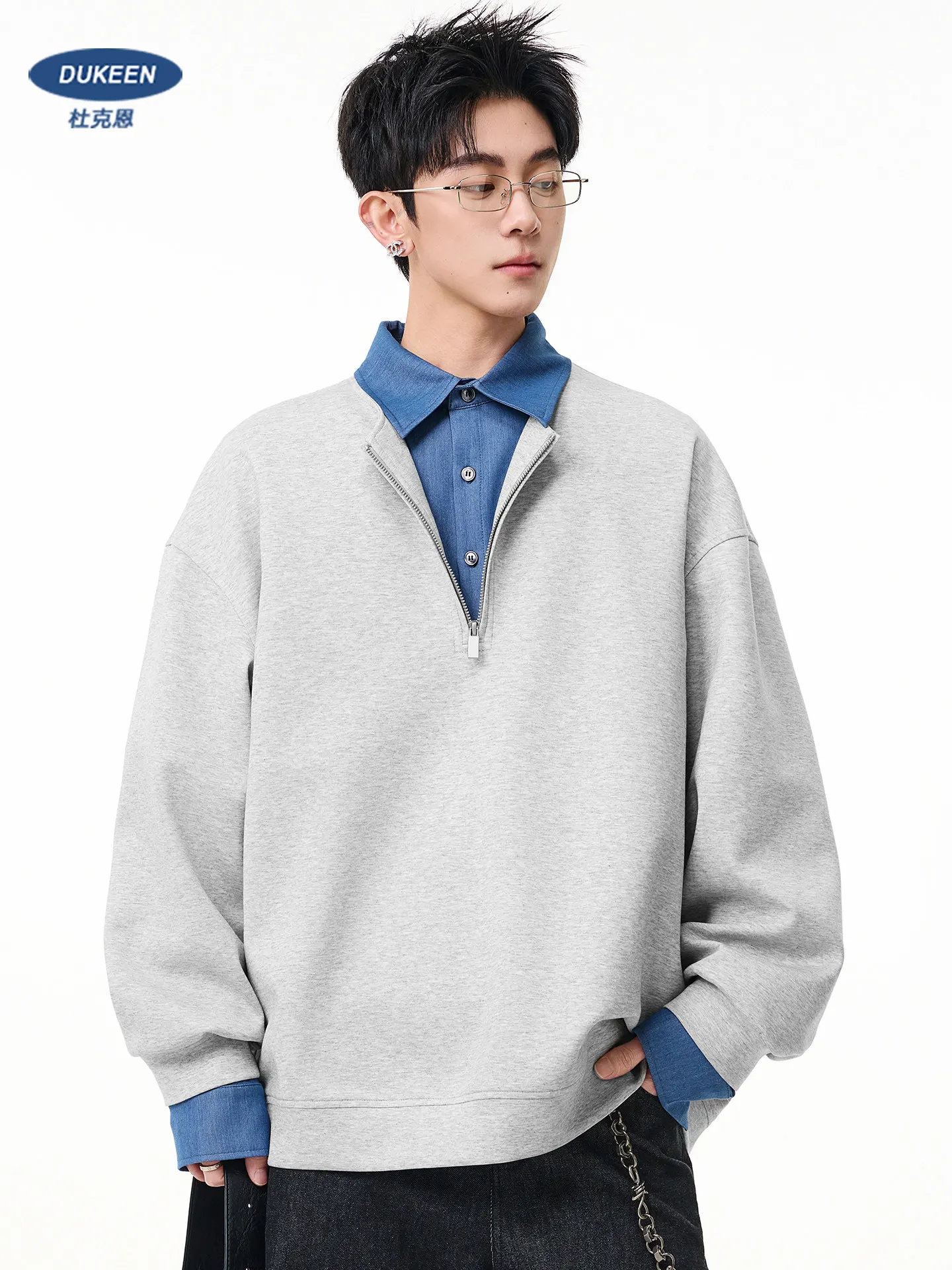 

Мужская толстовка DUKEEN с цветными блоками и молнией до середины груди – весенний пуловер с воротником поло и эффектом многослойности для подростков