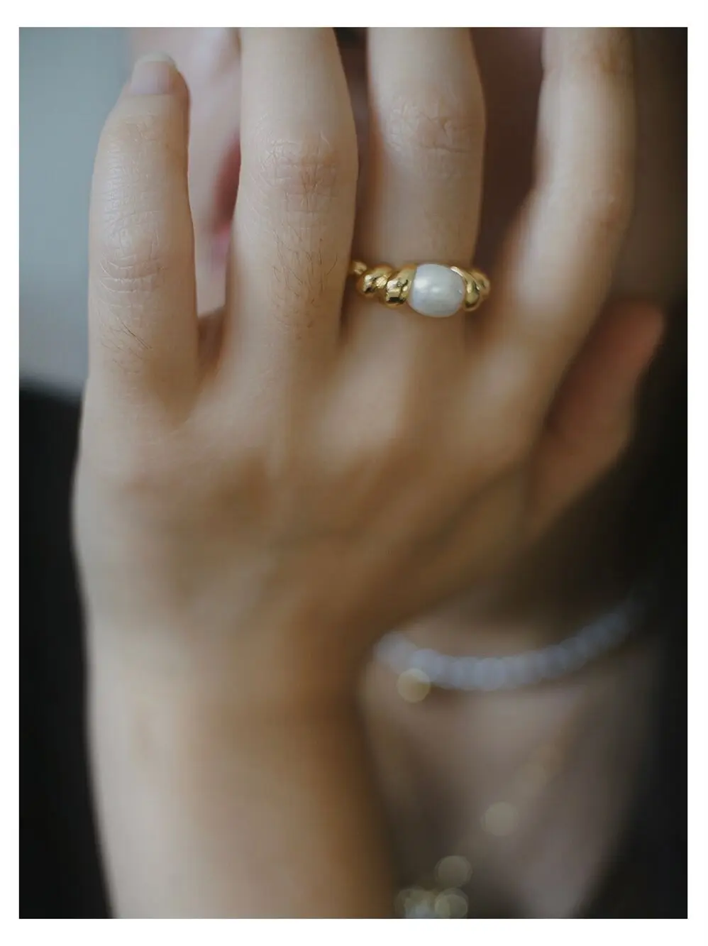 

Brass Real Natural Pearl Wave Ring Women Jewelry Punk Hiphop Designer Runway Rare Simply Gown Boho Top Japan Korean