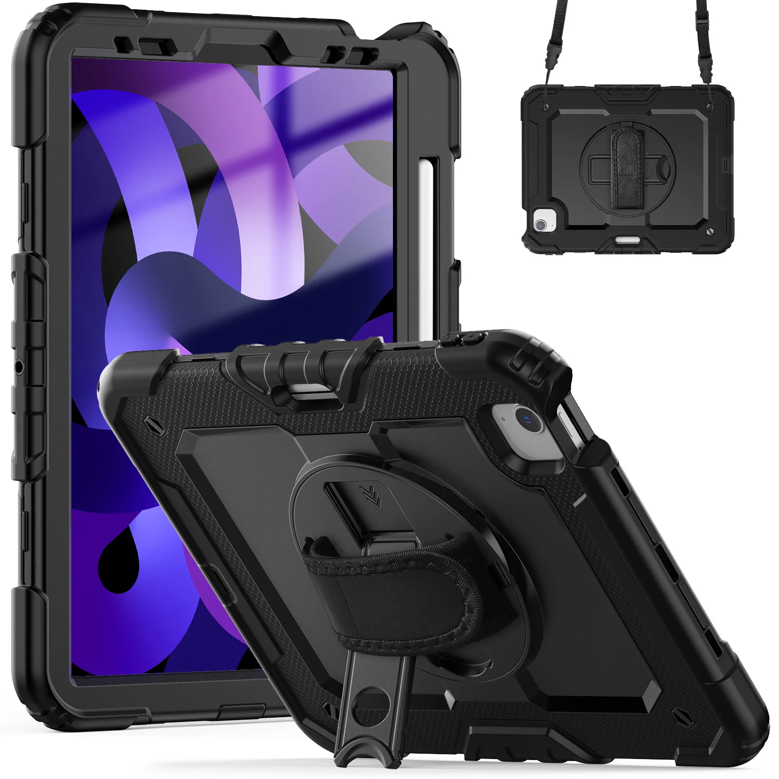 

Чехол для планшета iPad A16 11th Air 11 M3 M4 Pro 13, противоударный чехол с защитной пленкой для экрана, держатель для карандашей 360 ° Вращающийся ремешок на руку