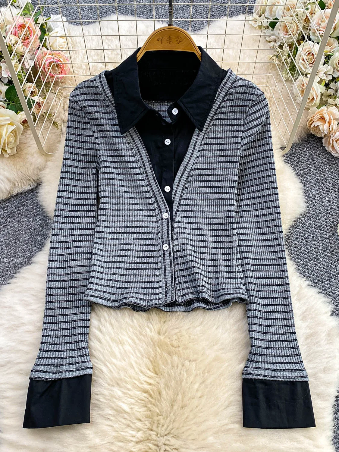 Faionable Striped Knitted irt Women's Slim Fit Button up Collar Patchwork Design Commute Sle mid Thin Long Sve